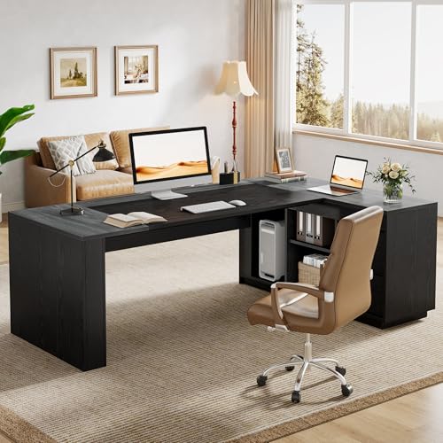 Tribesigns 78" L Shaped Executive Desk with Drawers, Large Office Computer Desk with Cabinet and Storage Shelves, Modern Business Furniture Sets Workstation for Home Office (Gray&Black) - color: Gray&black