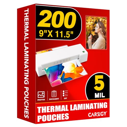 CAREGY 5 Mil Thermal Laminating Pouches,200 Pack, | 9x11.5 Inch Laminating Sheets for 8.5x11 Documents, Clear,Office & School Laminator Supplies - size: 200PACK-5Mil (9 x 11.5Inches)