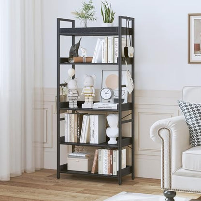 HCHQHS 5 Tier Bookshelf, Adjustable Industrial Bookcase, Vertical Tall Book Shelf, Wood and Black Metal Open Bookshelves for Home Office, Living Room, Bedroom - color: Black, size: 5-Tier (24"W x 57"H)