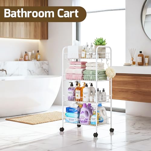 PLKOW 4-Tier Rolling Utility Cart with Detachable Baskets, White - color: White