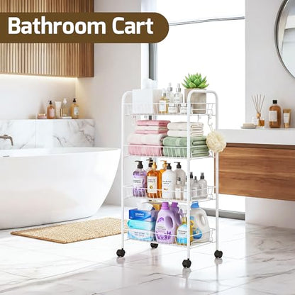 PLKOW 4-Tier Rolling Utility Cart with Detachable Baskets, White - color: White