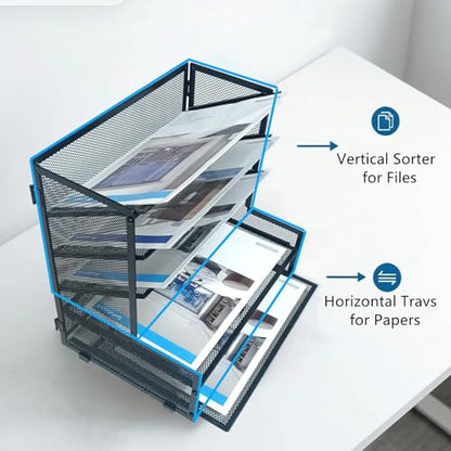 SETTFRFE 5-Tier Metal Desk File Organizer, File Tray Rack | 3 Slanted+2 Horizontal Paper File Holder for Office Supplies,Multi Layer Letter Tray,Home Office Desktop Storage Rack,Black