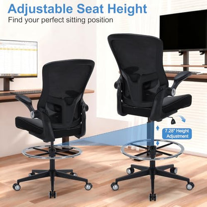Drafting Chair 400lbs Heavy Duty Tall Office Chair Big and Tall Ergonomic Standing Desk Chair with Lumbar Support and Adjustable Footrest Ring, Comfy Mesh Wide Chair with Flip-up Armrests, Black