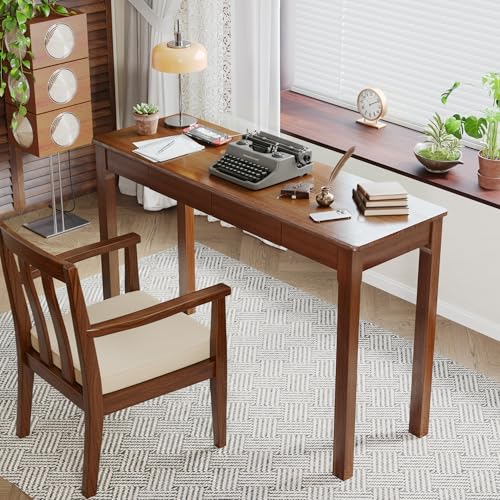 Wood Desk, Solid Wood Writing Table for Home Office, Mid Century Modern Desk with Drawers, Walnut (47inch / 120cm) - color: A-walnut, size: 47.2*15.7*29.5 Inch