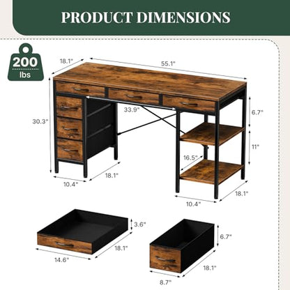 55" Computer Desk with 6 Drawers,Storage Shelves - color: Brown, size: 55-in