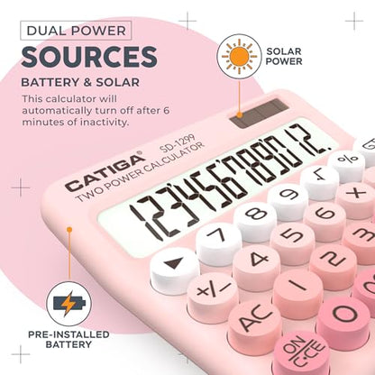 CATIGA Mechanical Switch Calculator with Solar and Battery Dual Power, 12-Digit Large LCD Display, Aesthetic and Cute Desktop Calculator with Big Button, for Home, School and Office Use, SD-1299 - color: Z) Blush Pink
