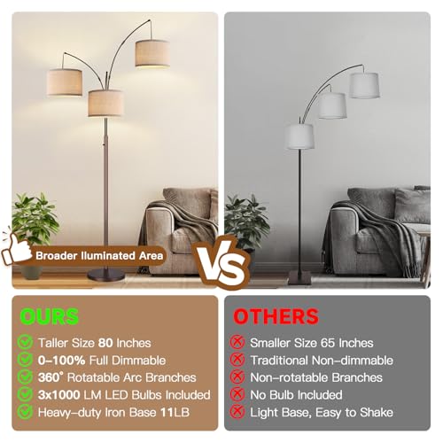 Dimmable Floor Lamp, 3 Lights Brown Arc Floor Lamp, Modern Tall Standing Tree Lamp with Beige Linen Shades & Heavy Base, 3000LM LED Bulbs, Bright Lighting for Living Room, Bedroom, Office & Reading - color: Brown-Beige Linen Shade