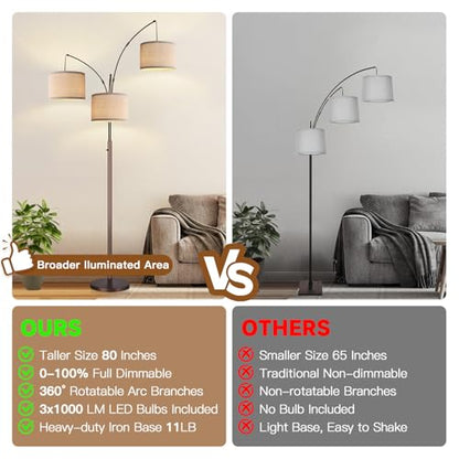 Dimmable Floor Lamp, 3 Lights Brown Arc Floor Lamp, Modern Tall Standing Tree Lamp with Beige Linen Shades & Heavy Base, 3000LM LED Bulbs, Bright Lighting for Living Room, Bedroom, Office & Reading - color: Brown-Beige Linen Shade
