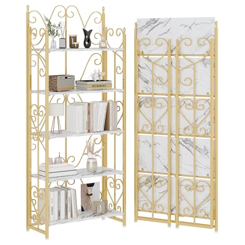 JSB 5 Tier Folding Bookshelf,Industrial Storage Shelves, No Assembly Vintage Wood Look Bookshelf with Storage Shelves for Living Room, Bedroom, Office (White and Gold) - color: White and Gold, size: 5-Tier-S
