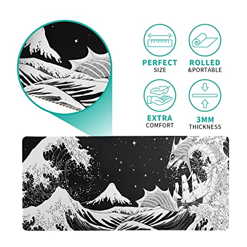 Black and White Japanese Wave Dragon Gaming Mouse Pad - Abstract Mat with Non-Slip Rubber Base, 31.5x11.8 Inch, Stitched Edges - Desk Pad for Office and Home - color: Japanese Waves Sea Dragon