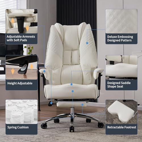 EXCEBET Big and Tall Office Chair 400lbs Wide Seat, Leather High Back Executive Office Chairs with Foot Rest, Ergonomic Lumbar Support for Lower Back Pain Relief (White) - color: Pure White