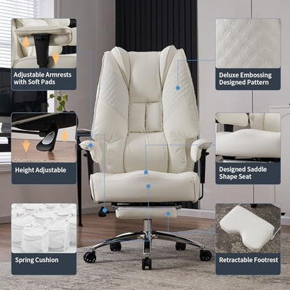 EXCEBET Big and Tall Office Chair 400lbs Wide Seat, Leather High Back Executive Office Chairs with Foot Rest, Ergonomic Lumbar Support for Lower Back Pain Relief (White) - color: Pure White