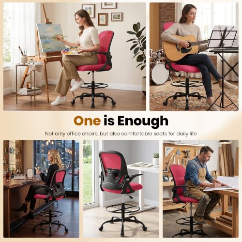 Primy Drafting Chair Tall Office Chair with Flip-up Armrests Executive Ergonomic Computer Standing Desk Chair with Lumbar Support and Adjustable Footrest Ring (Fire Brick) - color: Fire Brick, size: 934-Z