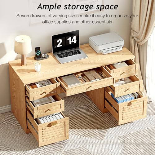 Ieejdn 59" Home Office Desks, Executive Desk, Farmhouse Computer Desk with 7 Drawers and Charging Station, File Drawer, Rustic Computer Writing Desk,Antique Wood - color: Wood, size: 59"