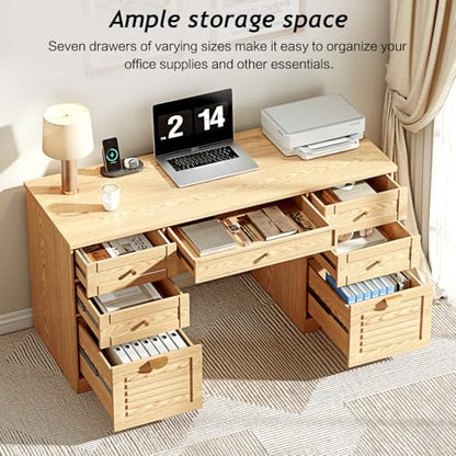 Ieejdn 59" Home Office Desks, Executive Desk, Farmhouse Computer Desk with 7 Drawers and Charging Station, File Drawer, Rustic Computer Writing Desk,Antique Wood - color: Wood, size: 59"