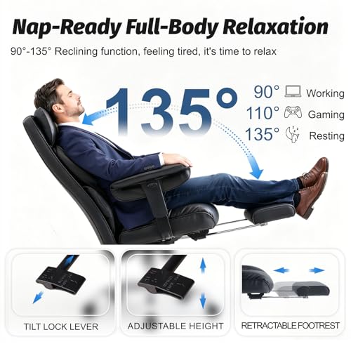 Efomao Executive Office Chair 400lbs, Black Big and Tall Desk Chair | Mattress-grade pocket spring cushion, sleek leather, 135° recline & footrest for computer gaming setup. - color: 3084p-black