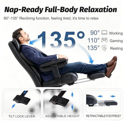 Efomao Executive Office Chair 400lbs, Black Big and Tall Desk Chair | Mattress-grade pocket spring cushion, sleek leather, 135° recline & footrest for computer gaming setup. - color: 3084p-black