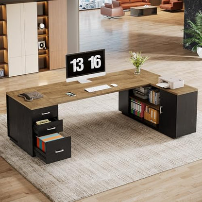 Tribesigns 85.8-Inch L-Shaped Executive Desk, Natural & Black - color: Natural & Black