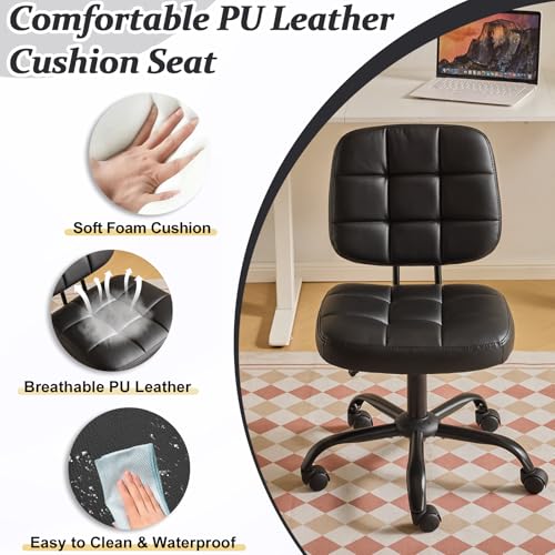 VINGLI Compact Small Desk Chair, Cute Armless Chair with Wheels, Vanity Chair with Low Back, Height Adjustable Task Chair for Small Spaces, Office, Bedroom, Make Up Room, PU Leather, Black - color: Black