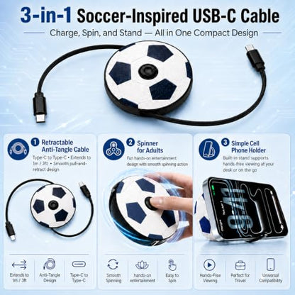 Retractable USB-C to USB-C Cable 132W Fast Charging Anti-Tangle Type C to Type C Cable,Soccer-Shaped Fun Spinner,Car Travel Essentials for iPhone 17/16/15,Galaxy S25/S24/S23,Pixel 9/8