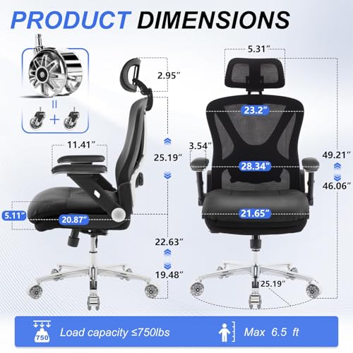 750lbs Ergonomic Office Chair,Upgrade Big and Tall Office Chairs for Heavy People,Mesh High Back Desk Chair with 5D Flip Arms Large Wheels,Adjustable Headrest & Lumbar Support,Wide Chairs - color: Black With Electroplated Color, style: 2 Pack