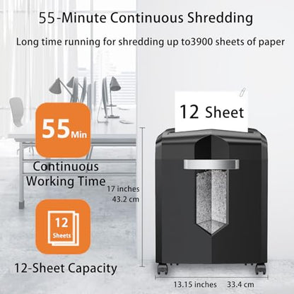Bonsaii 12-Sheet P-4 Micro-Cut Shredder, 55-Min Continuous Use, Shreds Paper, Credit Cards & CDs, 4-Gal Transparent Bin, Mobile Casters – Black - color: Black, size: 12-Sheet | 55 min