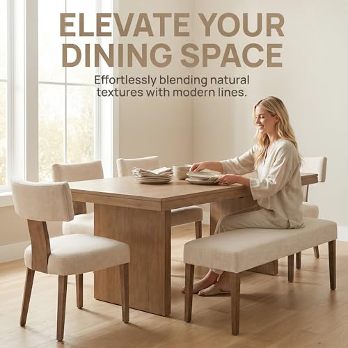 HNY Mid Century Modern Dining Chairs Set of 2, Upholstered Linen Kitchen & Dining Room Chairs with Ergonomic Curved Backrest, Solid Wood Legs, Farmhouse Accent Chair for Home, Apartment, Beige - color: Beige Curved