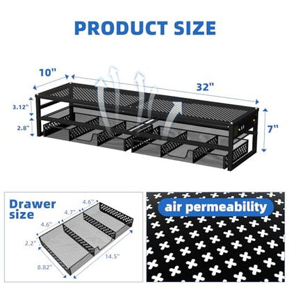 Simple Trending 2-Tier Metal Dual Monitor Stand with USB & 2 Drawers, Black | 32"W x 10"D x 7"H. USB 2.0 + charging port. 2 drawers. Mesh cooling vents. Holds 100 lbs. Non-slip base. Cable ties included.