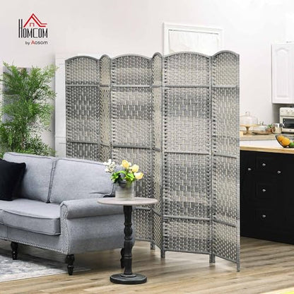 HOMCOM 6 Panel Room Divider 6 Ft Privacy Screen Hand-Woven Mixed Gray | Folding PP Wall Partition, Pine Wood Frame, Freestanding Room Separator, Bedroom Home Office, No Assembly - color: Mixed Gray, size: 6 Panel
