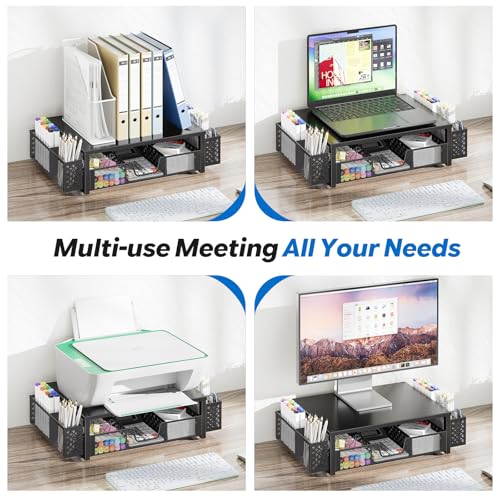 Simple Trending Desk Organizer, Computer Monitor Stand Riser, Black | Metal Laptop & Printer Stand, Desktop Organizer with Drawer & 2 Pen Holders, Anti-Slip Pads, 18.5"W x 9.5"D x 4.75"H - size: 18.5"W x 9.5"D x 4.75"H