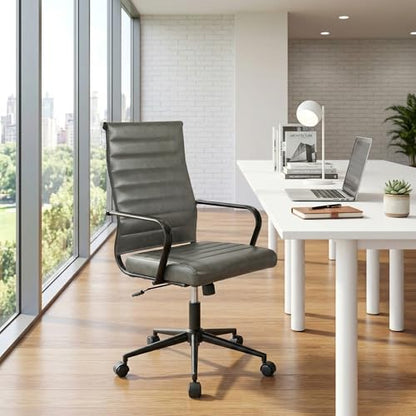 Okeysen Genuine Leather Office Desk Chair, Mid-Century Modern Real Leather Conference Room Chairs, Ergonomic Executive Ribbed Height Adjustable Swivel Rolling Chair for Home Office. - color: Dark Grey