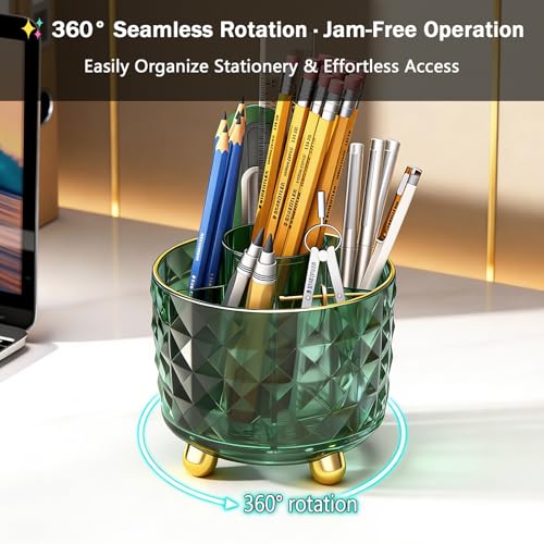 GOTOBA Dark Green Pen Pencil Holder for Desk, 360° Rotating Pen Organizer, Green Office Supplies, Cute Pen Holder, 6-Compartment Pencil Holder Rotating - color: Dark Green