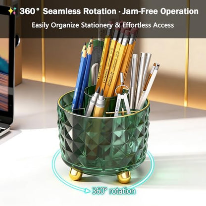 GOTOBA Dark Green Pen Pencil Holder for Desk, 360° Rotating Pen Organizer, Green Office Supplies, Cute Pen Holder, 6-Compartment Pencil Holder Rotating - color: Dark Green