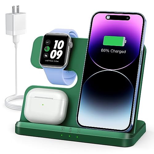 JARGOU 3 in 1 Charging Station for Apple Wireless Charger for iPhone 17 16e 16 15 14 13 12 11 X 8 & for iWatch Charger Wireless Charging Station for Multiple Devices for AirPods 2/3/4/Pro/Pro 2/Pro 3 - color: Green
