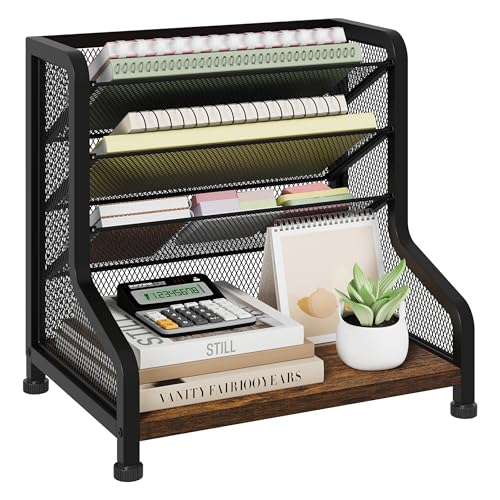 SWTYMIKI Paper Organizer, Mesh and Wood Desk Office Organizer, Office Organization and Binder Storage for Workspace, Home, School, Espresso - color: Espresso, size: 14.29x13.78in