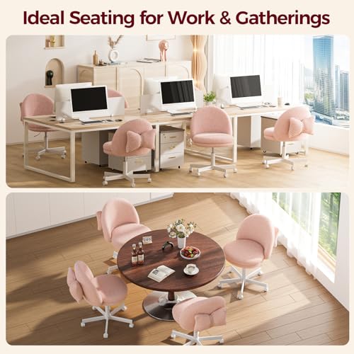GTPLAYER Velvet Tall Office Chair with Wheels Vanity Chairs with Back, Versatile Height Use: Office to Bar Stools Small Ergonomic Comfy Armlees Computer Desk Chair with Bow Lumbar Pillow for Gift - color: Tv-peach