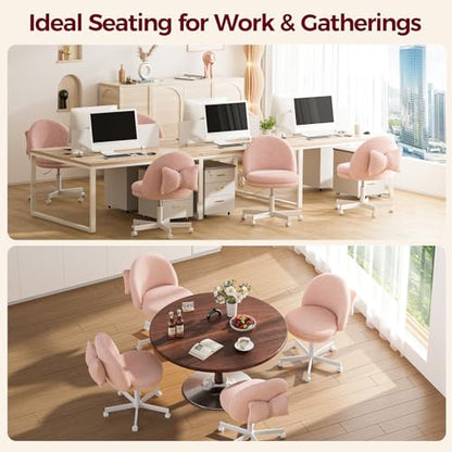 GTPLAYER Velvet Tall Office Chair with Wheels Vanity Chairs with Back, Versatile Height Use: Office to Bar Stools Small Ergonomic Comfy Armlees Computer Desk Chair with Bow Lumbar Pillow for Gift - color: Tv-peach