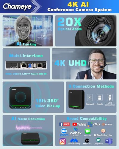 Chameye 4K Conference Room Camera and Microphone, AI Auto Tracking PTZ Camera 4K 20X Zoom, LAN HDMI USB3.0 Output and Bluetooth Conference Speakerphone for Large Meeting Room, CB201 Black - color: Obsidian Black