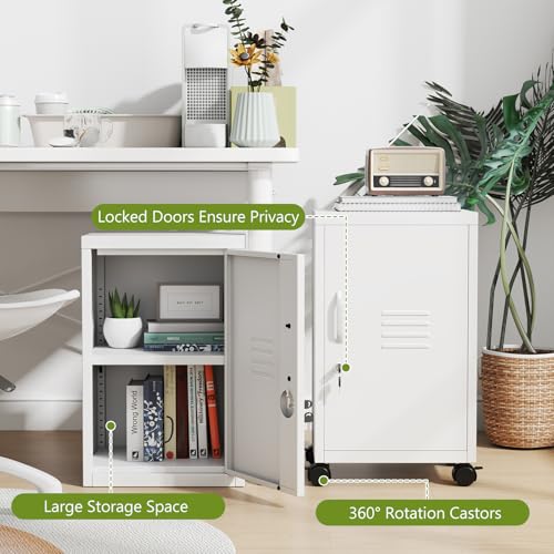 pozdeg 24.4" H Metal Locker Storage File Cabinet with Wheels, White | Small Employees Locking Steel Locker Adjustable Shelf & Lock, Single Door Lockable Cabinet for Home, School, Office, Gym
