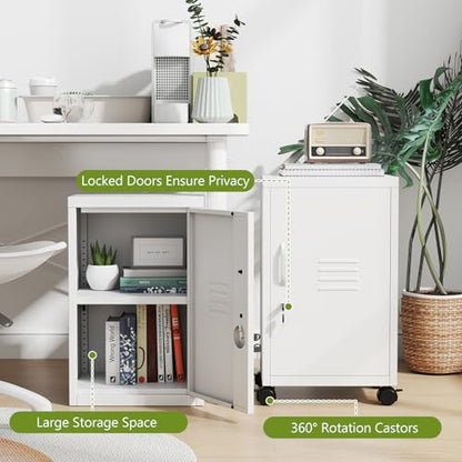 pozdeg 24.4" H Metal Locker Storage File Cabinet with Wheels, White | Small Employees Locking Steel Locker Adjustable Shelf & Lock, Single Door Lockable Cabinet for Home, School, Office, Gym