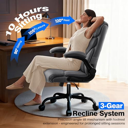 Office Chair - Executive High Back Breathable Comfy Desk Chair with Lumbar Support - Ergonomic Leather Rolling Swivel Computer Chair with Rock Function for Working Studying Gaming Relaxing