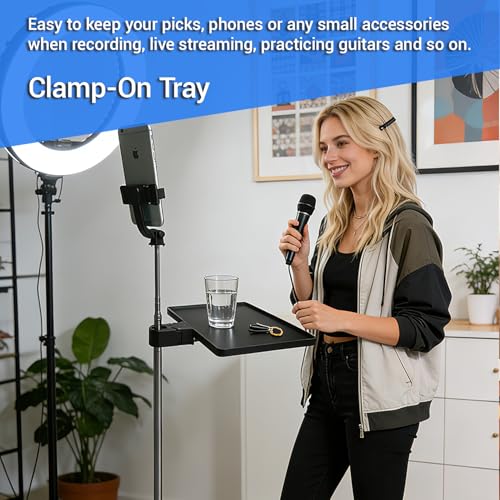 Microphone Stand Tray,Clamp on Shelf for TikTok,Most Mic Stands,10.8"x8.0" Large Tripod Shelf Table,Clip on Tray,Music Stand Accessories,Lash Tray Holder for Salon,Live Streaming,Recording,Concert