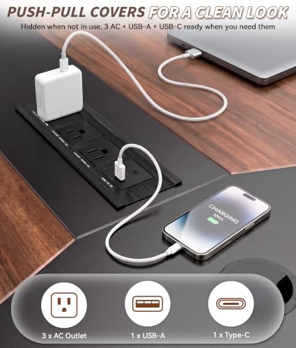 Ceridwen 8FT Conference Table, Rectangular Boardroom Table with Built-in Power & USB-C Ports, Heavy-Duty Meeting Table with Thick Tabletop & Trapezoid Legs for Office Conference Room - color: Walnut
