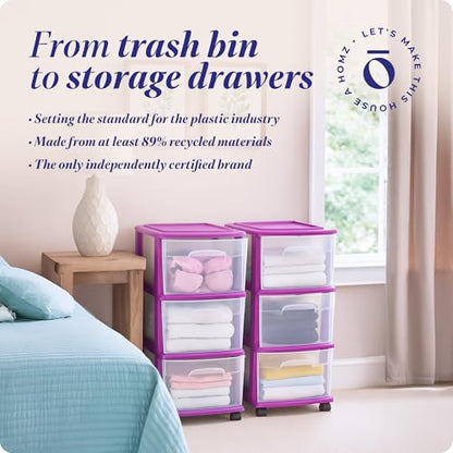 HOMZ Drawer Tower, 3-Tier Storage Cart w/Removable Wheels, Purple, 2 Pack - color: Purple, size: 2 Pack