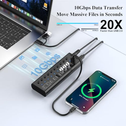 Powered USB Hub, Individual Switches and 24V/3A Power Adapter(Black) - color: Black