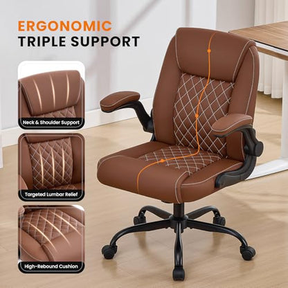 Executive Office Chair with Lumbar Support & Flip-up Arms, Brown | Ergonomic Desk Chair, 90–115° Tilt & Rocking, 20.1" Wide Seat, PU Leather, for Home Offices & Conference Rooms, 300Lbs - color: Brown