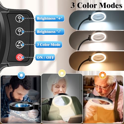 30X 10X Magnifying Glass with Light and Stand, LED Desk Lamp for Close Work - color: Black