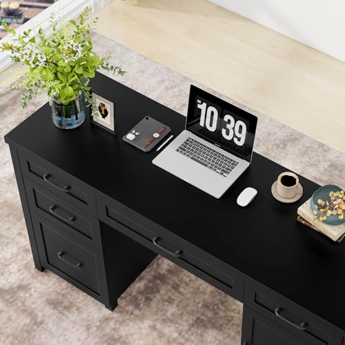 Vabches Farmhouse 61'' Rustic Office Desk with 5 Drawers(Pure Black) - color: Pure Black, size: 61"W