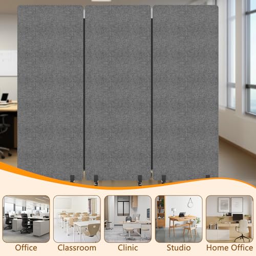 Soundproof Room Divider with Wheels, 66in Acoustic Room Divider Panel, 3 Panel Office Partition Wall for Noise Cancelling, Portable Temporary Wall Cubicle Divider (Dark Gray) - color: Dark Gray