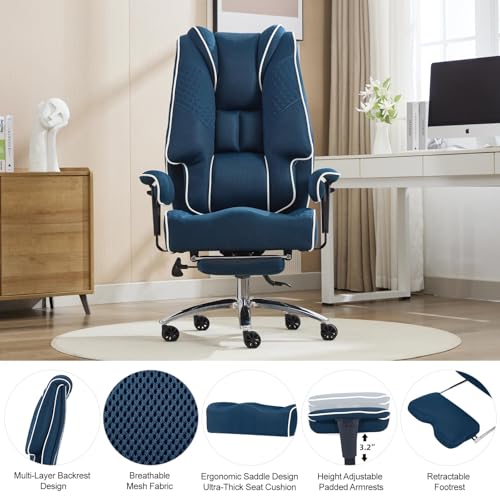 EXCEBET Big and Tall Executive Office Chair 400lbs Wide Seat, Mesh Grey | Retractable footrest, 135° recline, Lumbar support, Ergonomic high back, Breathable mesh, Thick cushion, Padded armrests - color: Mesh Blue